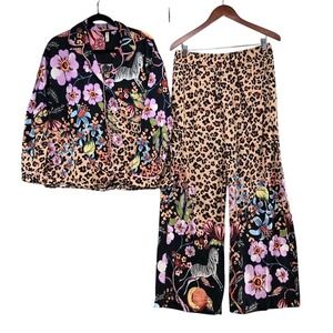 LyreBird Pajama Set Womens Medium Tan Black Floral Zebra Leopard Print Wide Leg
